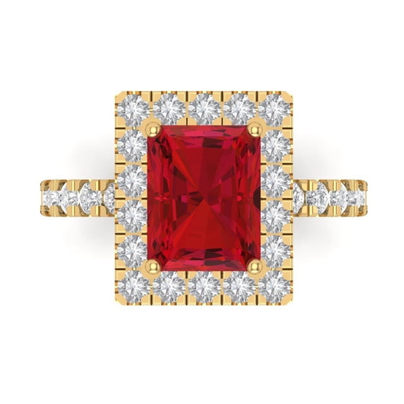 3.84ct emerald cut red ruby 18k yellow gold engraving statement bridal wedding halo Designer Ring size 7.5