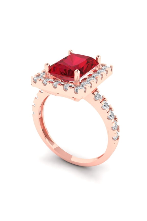 3.84ct emerald cut red ruby 14k rose gold halo Bridal Wedding Engagement Promise Anniversary Ring for Women size 5.25