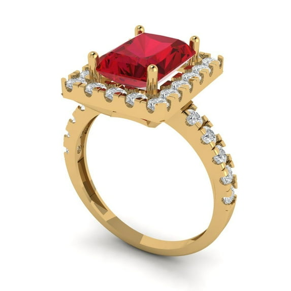 3.84ct emerald cut red ruby 18k yellow gold halo Bridal Wedding Engagement Promise Anniversary Ring for Women size 8