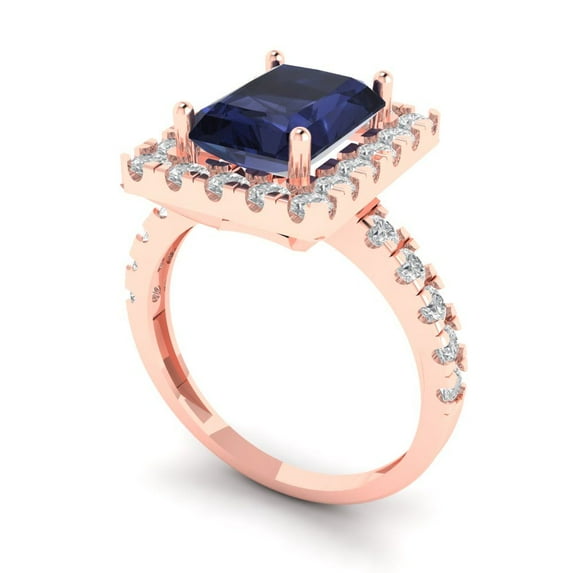 3.84ct emerald cut blue sapphire 14k rose gold halo Bridal Wedding Engagement Promise Anniversary Ring for Women size 7.25