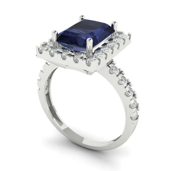 3.84ct emerald cut blue sapphire 14k white gold halo Bridal Wedding Engagement Promise Anniversary Ring for Women size 6.5
