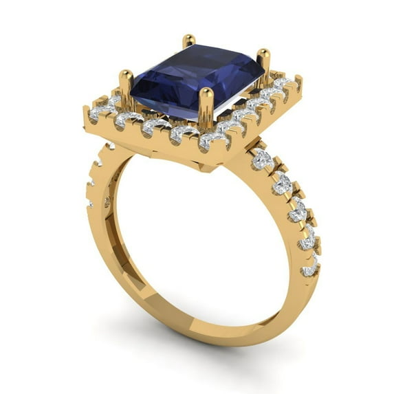 3.84ct emerald cut blue sapphire 14k yellow gold halo Bridal Wedding Engagement Promise Anniversary Ring for Women size 10.25