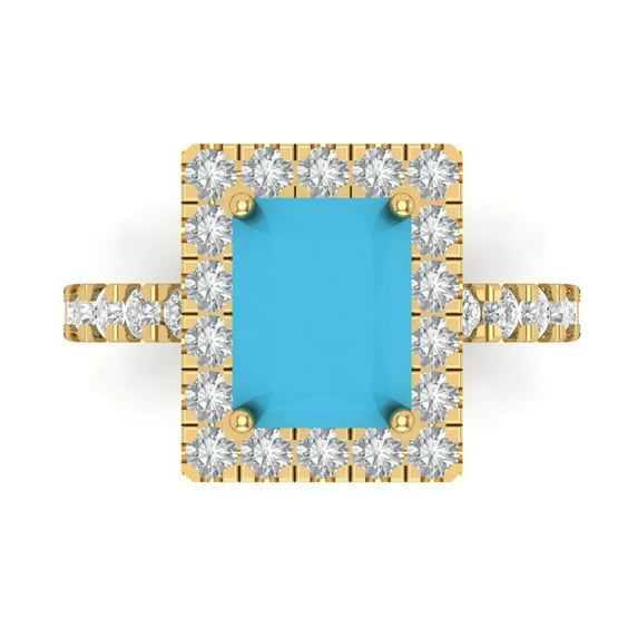 Clara Pucci 14K Yellow Gold Solid Gold Turquoise Solitaire with Accents Anniversary Ring for Women - 3.84 cttw Emerald Cut