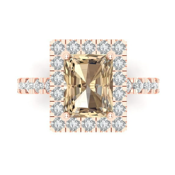 Clara Pucci 14K Rose Gold Solid Gold YellowMoissanite Solitaire with Accents Anniversary Ring for Women - 3.84 cttw Emerald Cut
