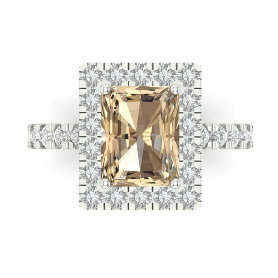 3.84ct emerald cut yellow moissanite 18k white gold engraving statement Bridal Wedding halo Designer Ring size 6