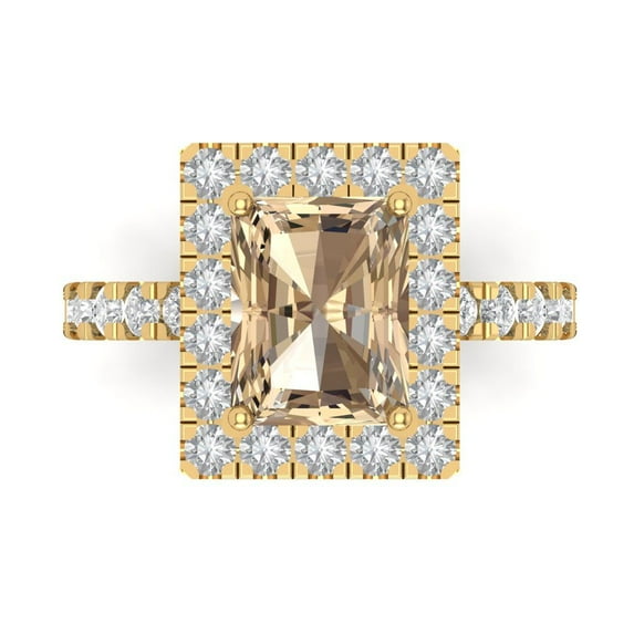 3.84ct emerald cut yellow moissanite 18k yellow gold engraving statement Bridal Wedding halo Designer Ring size 4