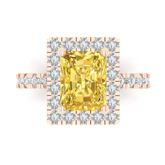 3.84ct emerald cut yellow natural citrine 18k pink rose gold engraving statement Bridal Wedding halo Designer Ring size 5.5