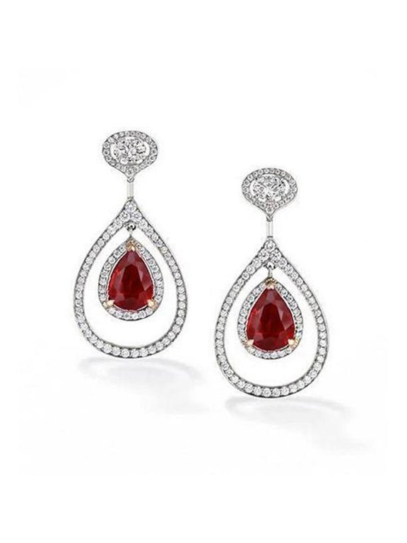 3.88 CT Pear Cut Red Ruby & Diamond Dangle Earring, 14K White Gold