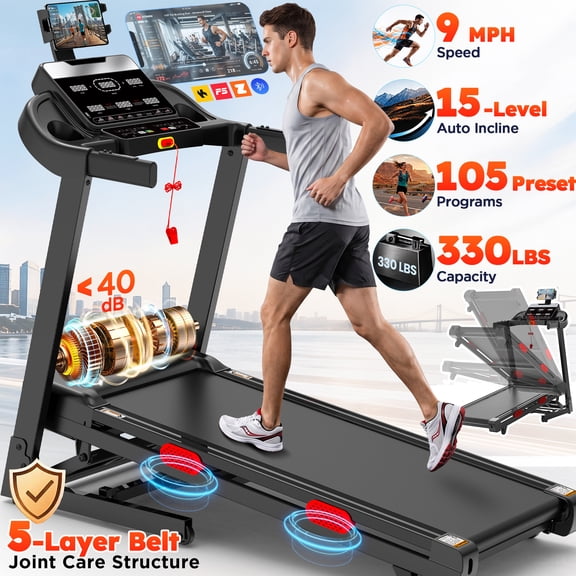 3.8HP Folding Treadmill with 15 Level Auto Incline, Treadmill for Home, Portable Exercise Treadmill, 9 MPH Speed, Treadmill 330 LBS Capacity, 105 Programs for Apartment & Daily Cardio Workout