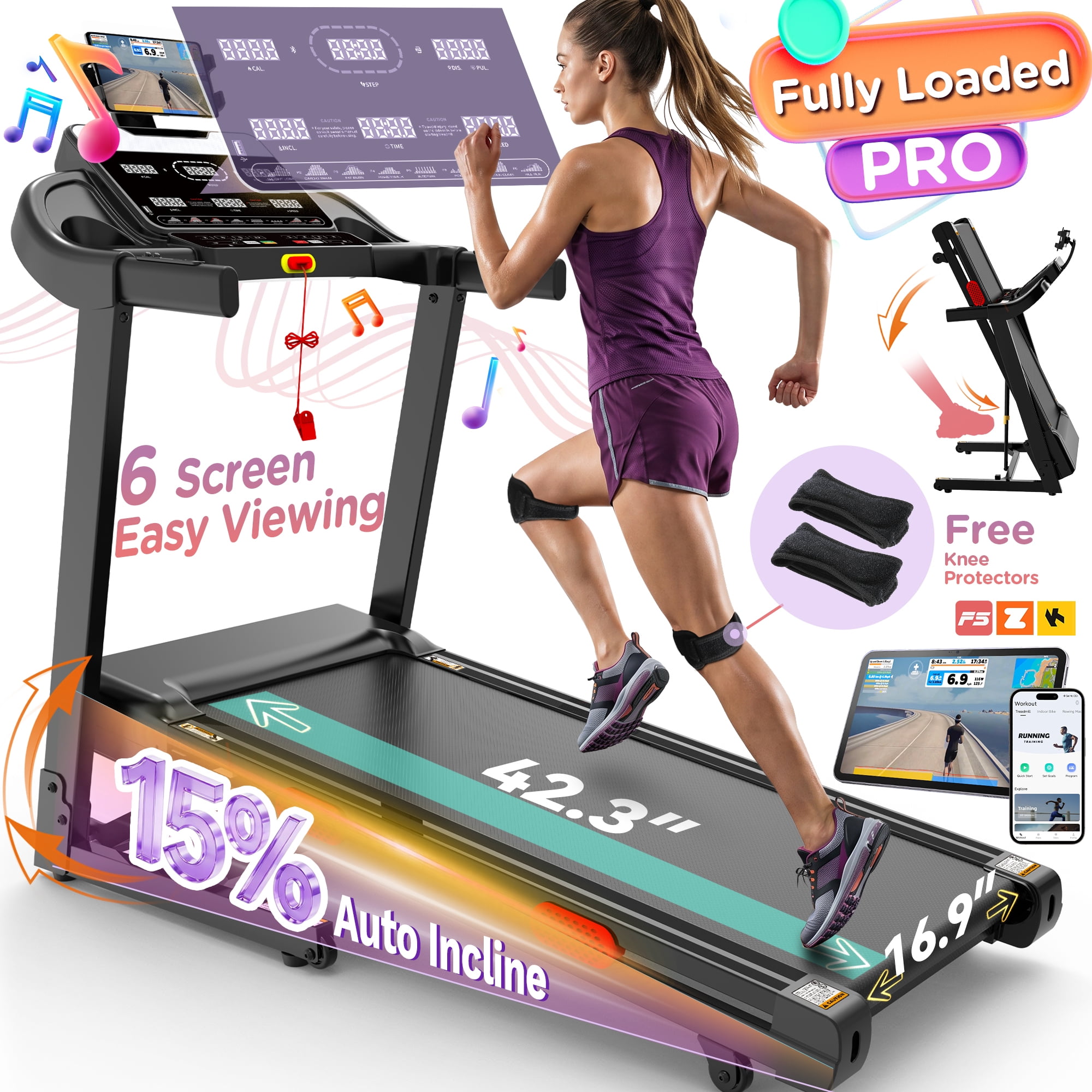 3.8HP Folding Treadmill, 300-330lb Capacity, 15 Levels Auto Incline Treadmills for Home Running and Walking Max 9 MPH Speed Foldable ElectronicTreadmill Running Machine with APP & Bluetooth