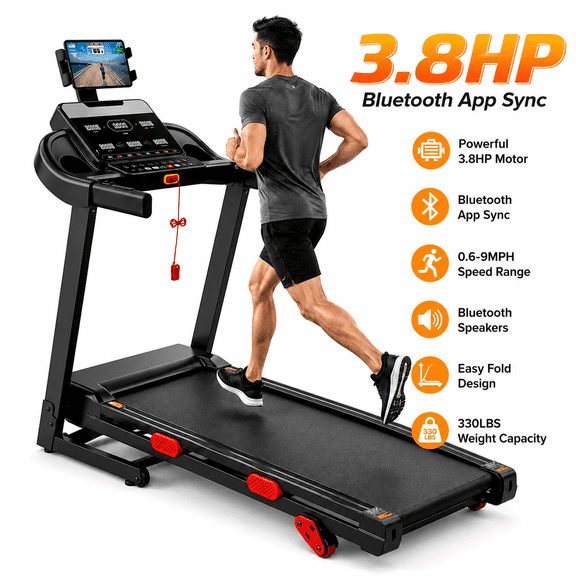 3.8HP Folding Treadmill for Home, 15-Level Auto Incline Running Machine, 9 MPH Speed, 105 Programs, Bluetooth App, LED Display, 330 LB Capacity