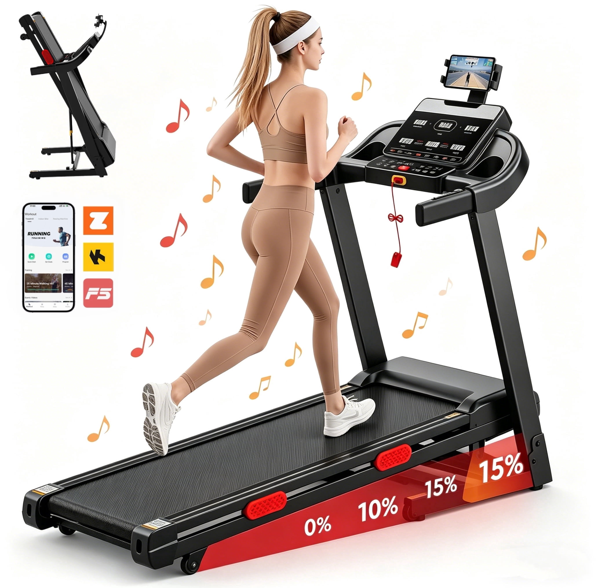 Folding Treadmill with Auto Incline, 3.9HP Motor, 0.6–9 MPH Speed Range, 300 lb Capacity, Bluetooth App Connectivity, Bluetooth Speakers, 6 Independent LED Displays, Running Machine for Home Fitness