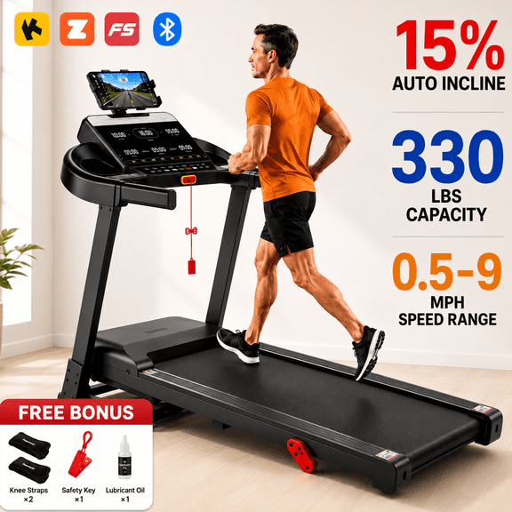 Folding Treadmill for Home with 15-Level Auto Incline, Portable Treadmill 300 lbs Capacity, 3.8HP Brushless Motor, Bluetooth Connectivity, 105 Workout Programs, Walking Treadmill for Daily Fitness