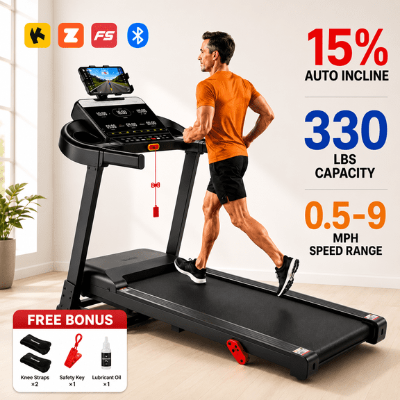 Folding Treadmill for Home with 15-Level Auto Incline, 3.8HP Brushless Motor, 330 lbs Capacity, Bluetooth Connectivity, 105 Workout Programs