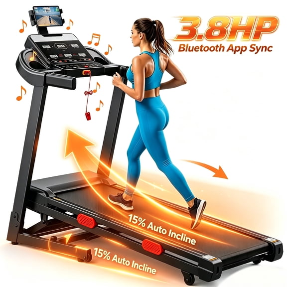 3.8HP Treadmill for Home, Foldable Treadmill with 0-15% Auto Incline, Portable Treadmill Compact Foldable Walking Pad Treadmills with 7.5 MPH Speed, 300-330lbs Capacity