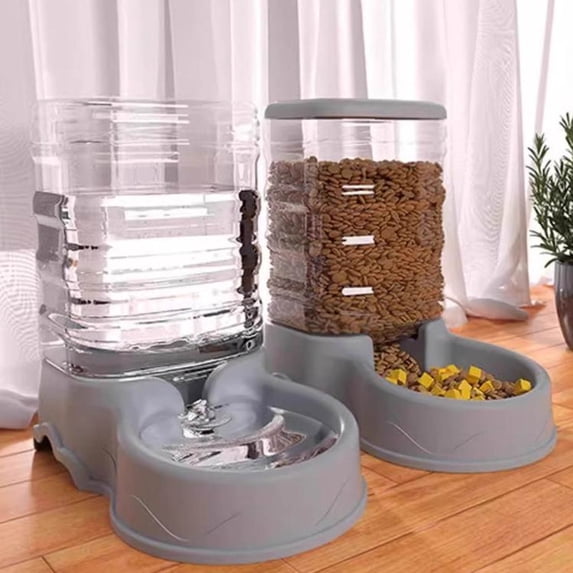 3.8L Large Gravity Automatic Cat Feeder and Water Dispenser Set, No-Electric Pet Food and Water Bowl, for Cats & Small Dogs, Grey