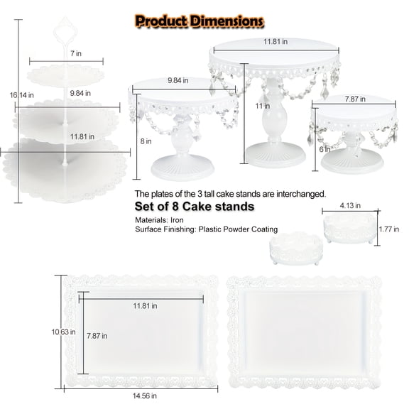 3/8Pcs White Cake Stand Set with Crystal Bling Pendants, Metal Dessert Display, 2-Tier & 3-Tier Cupcake Tower, for Wedding, Birthday, Baby Shower, Party & Christmas Decor