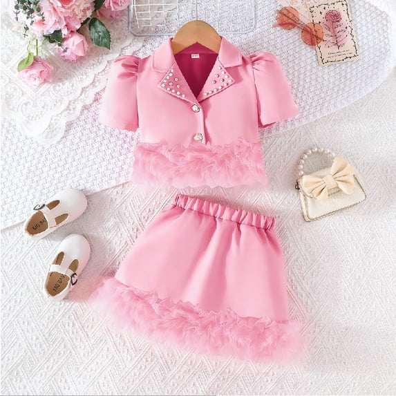 3-8Y Kids Blazer Outfits For Girls Cool Puffy Mesh Lace Beading Blazer Coat and Mesh Lace Skirt 2pcs Children Clothing Sets