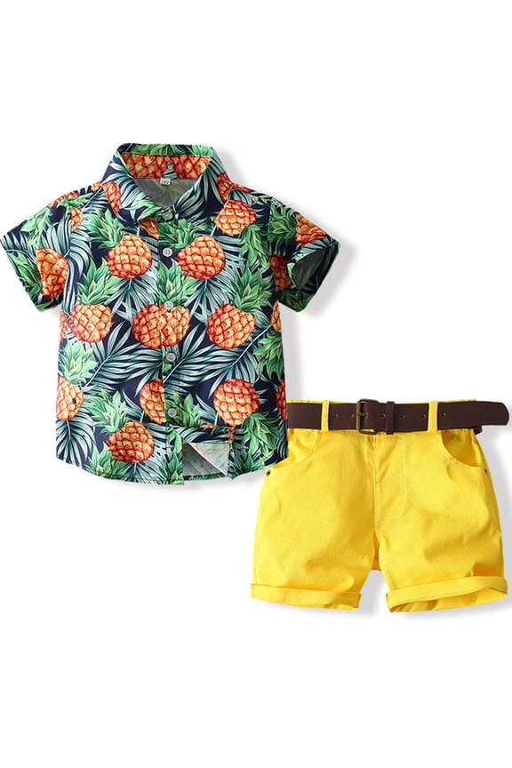3-8Years Boys' Fashion Pineapple Printed Shirt Shorts Belt Short Sleeve Collar Set