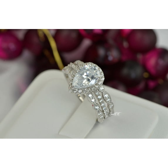 3.8ct Halo Pear Cut Bridal Wedding Engagement Ring Diamond Simulated 925 Sterling Silver Anniversary Rings SKU:00157