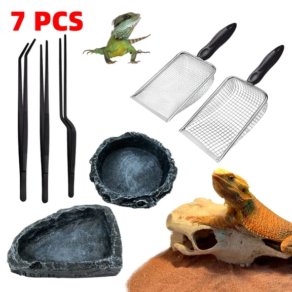 3.8mm & 5mm Stainless Steel Sand Sifter, Bearded Dragon Tank Accessories: 2 Non-Stick Fine Mesh Metal Litter Scoop,3 Long Tweezers Set For Feeding,2 Reptile Water Dish Food Bowl