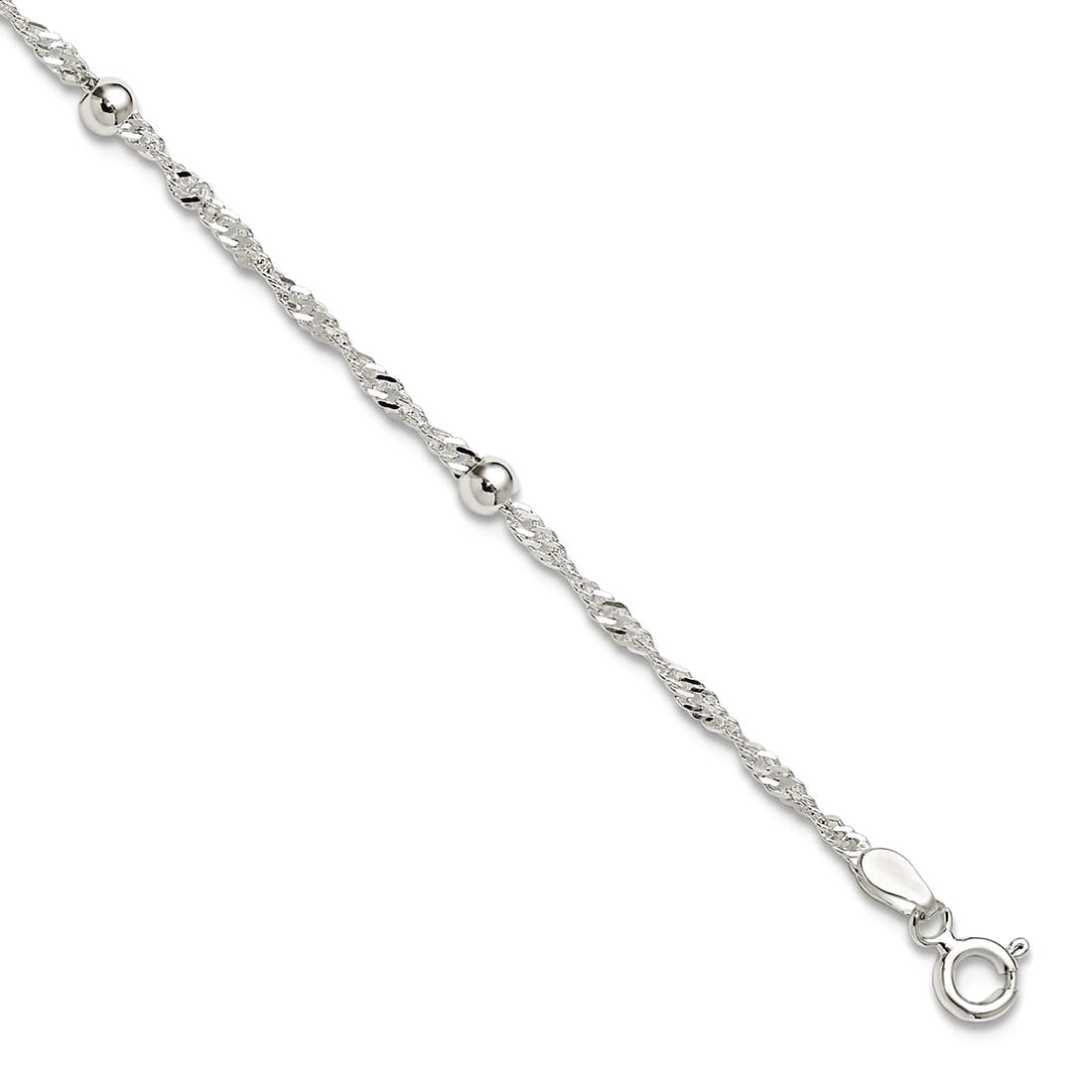 3.8mm 925 Sterling Silver Polished Beaded Singapore Anklet 10 Inch Anklet for Women - 2.0 Grams