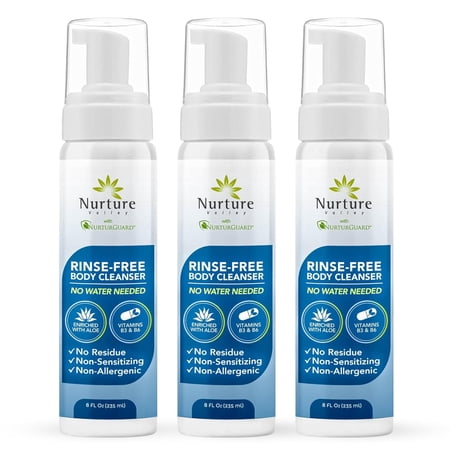 Nurture Rinse-Free Body Wash, 8 oz No-Rinse Waterless Foaming Cleanser with Aloe Vera for Sensitive Skin, Elderly, Camping & Hospital Care, 3 Pack