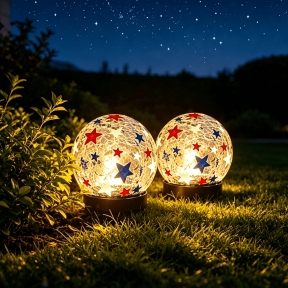 3.9" 4th of July Crackle Glass Night Lights, Waterproof Battery Operated Red Blue Star Globe Lamps, Patriotic Table Decor for Home, Patio, Birthday Party Gifts
