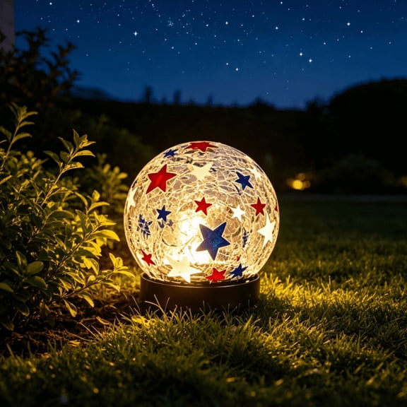 3.9" 4th of July Crackle Glass Night Lights, Waterproof Battery Operated Star Globe Ball Lamps, Red Blue Patriotic Table Decor for Home, Outdoor, Party, Birthday Gifts