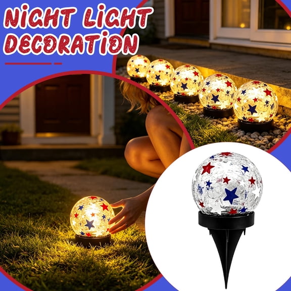 3.9" 4th of July Crackle Glass Night Lights, Waterproof Battery Operated Star Globe Lamps, Red Blue Patriotic Decor for Patio, Home, Birthday, Holiday Gifts
