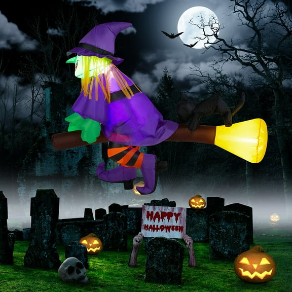 3.9 FT Halloween Inflatable Witch Riding Broom Broke Out from Window Outdoor Decorations, Scary Blow up Decor with Built-in LED Lights for Holiday Party Yard Lawn Garden Decor Indoor Outdoor