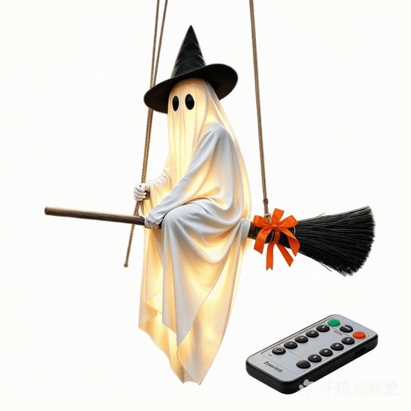 3.9 FT Hanging Ghost Decor,Witch Broom,Early Halloween Decorations Light-Up Flying Ghost on Broomstick with Witch Hat,Cute Outdoor Halloween Decorations for Front Porch Yard Tree H