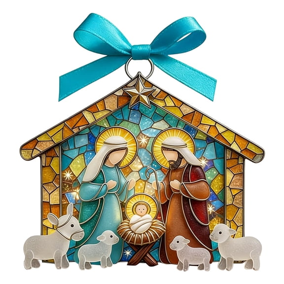 3.9" Stained Glass Nativity Ornament Acrylic Flat Pendant with Bow Christmas Tree Decoration Manger Scene Jesus Mary Religious Christian Holiday Gift for Stocking Stuffer Indoor