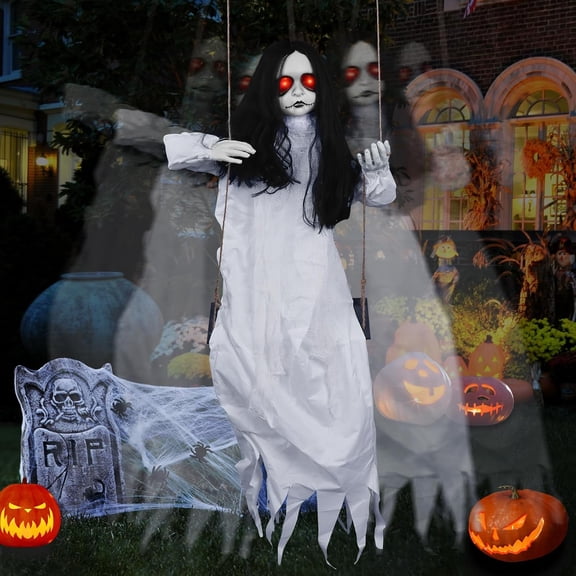 3.9 Ft Halloween Decorations Animatronics Hanging Swinging Girl with Creepy Sound/Light Up Eyes/Scary Expression, Creepy Doll Hanging Ghosts Haunted House Holiday Decor Prop for Indoor Outdoor