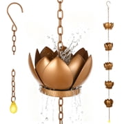 3.9 Ft Lotus Cup Rain Chain, Rain Chain for Gutters Downspouts with 5 Red Copper Plated Lotus Cups and Yellow Crystal Pendant, Decorative and Functional Gutter Downspout Replacement