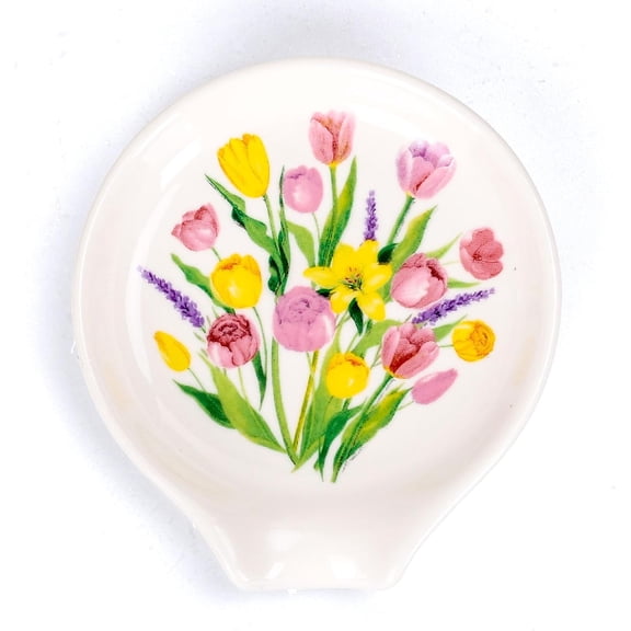 3.9 Inch Spring Floral Mini Ceramic Spoon Rests Tulip Flower Small Spoon Holder Ring Dish for Stirrers Teaspoon Bar Spoon Coffee Bar Accessories Coffee Station