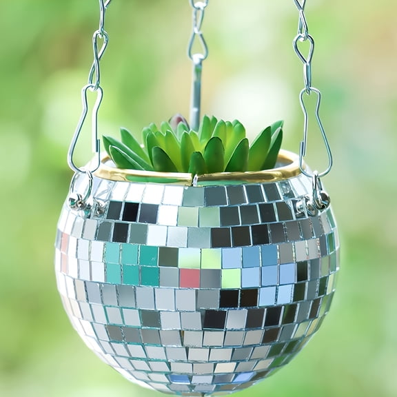 3.9" Silver Disco Ball Planter, Multipurpose Hanging Basket with Metal Chain & Rope, Bling Mirror Decor Wall Mounted & Tabletop Flower Pot, Ideal for Succulents Home Decor Indoor Outdoor Use