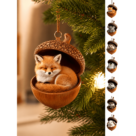 3.93" Christmas Ornament Set Cute Acorn Nest Woodland Animal Hanging Decoration, Festive Xmas Tree Car Hanger Gift for Pet Nature Lovers