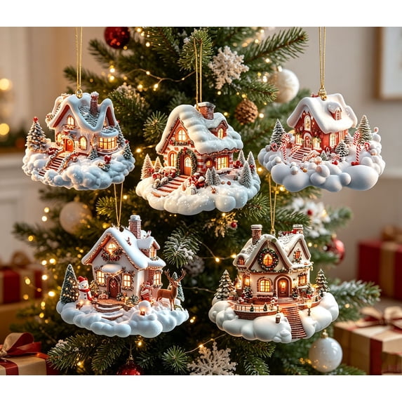 3.94 Inch Acrylic Christmas House Hanging Ornament, Decorative Seasonal Accent, Versatile Display, for Christmas Tree, Mantel, Shelf, Doorway, Living Room and Holiday Party Decor