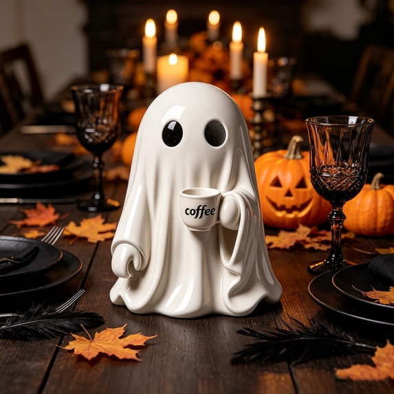 3.94 Inch Cute Ghost Figurine Holding Coffee Cup, Resin Spooky Ghost Shaped Ornament for Halloween Coffee Station Kitchen Bar Tabletop Decor
