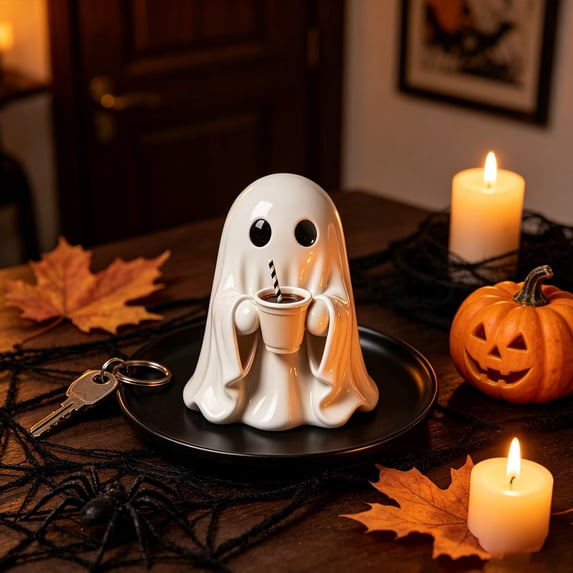 3.94 Inch Cute Ghost Figurine Holding Coffee Cup, Spooky Resin Ghost Statue Tabletop Decor for Halloween Coffee Station Kitchen Shelf
