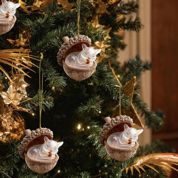 3.94 Inch Flat Acrylic Christmas Ornament, Cute Forest Animals in Acorn Shell Hanging Pendant, Squirrel Hedgehog Rabbit Chipmunk Woodland Tree Decor, Rustic Holiday Keepsake Gift