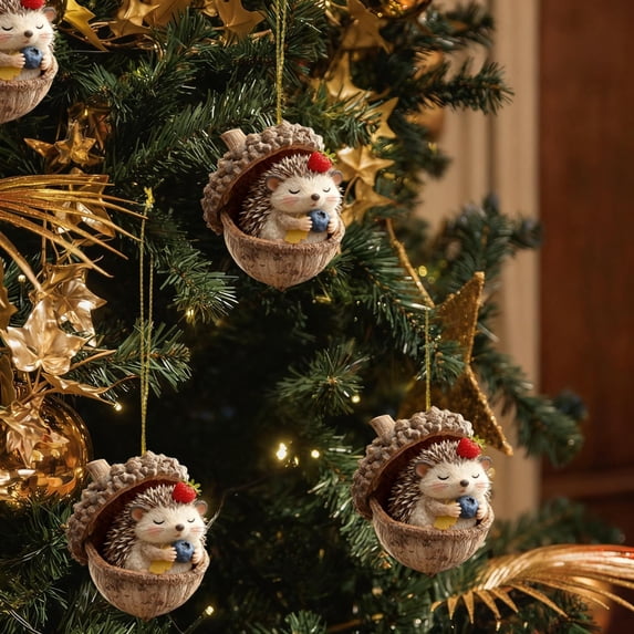 3.94 Inch Flat Acrylic Christmas Ornament, Cute Forest Animals in Acorn Shell Hanging Pendant, Squirrel Hedgehog Rabbit Chipmunk Woodland Tree Decor, Rustic Holiday Keepsake Gift