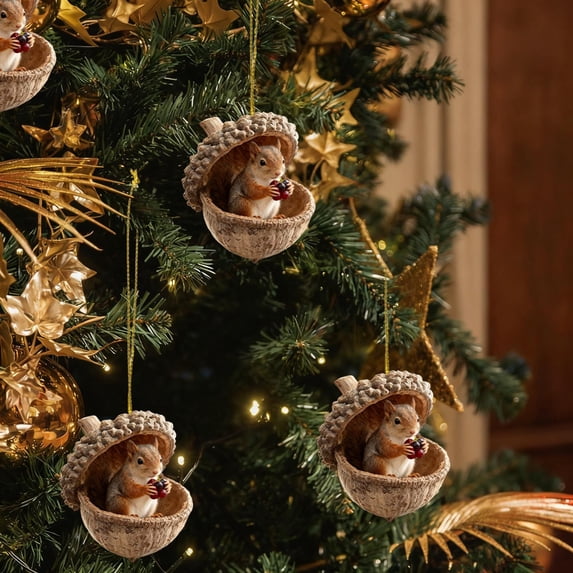 3.94 Inch Flat Acrylic Christmas Ornament, Cute Forest Animals in Acorn Shell Hanging Pendant, Squirrel Hedgehog Rabbit Chipmunk Woodland Tree Decor, Rustic Holiday Keepsake Gift