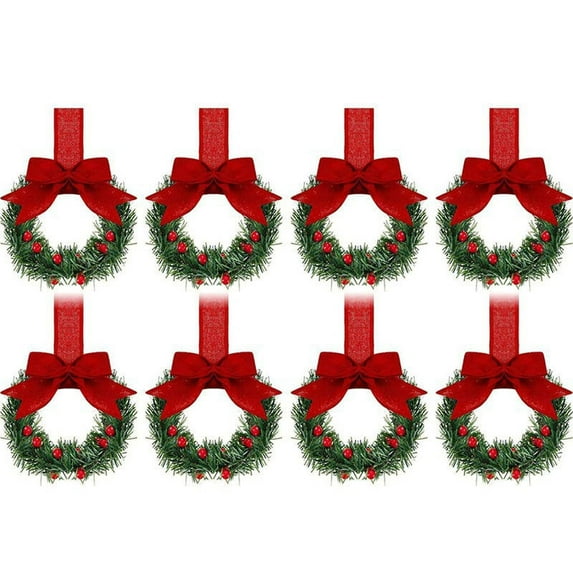 3.94 Inch Mini Christmas Wreath with Red Ribbon | Small Kitchen Cabinet Decor | Set of 8 Holiday Wreaths for Windows & Doors | Festive Xmas Home Decoration