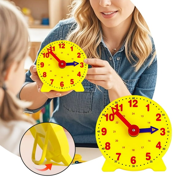 3.94 Inch Student Learning Clock Model - Teacher Gear Clock for Kids - 12/24 Hour School Learning Tool - Yellow Plastic Clock with Stand - Educational Time Teaching Toy for Ages 5+