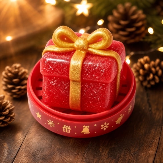 3.94" Red Gift Box Squishy Toy with Gold Bow & Frosted Texture, Christmas Holiday Fidget Figure with Display Stand for Desk Decor & Party Favors