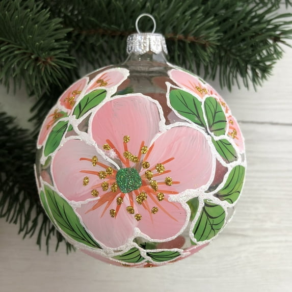 3.94-inch Glass Handpainted Christmas Ornaments Hanging Ball Christmas Tree Ornaments Mini Ornaments for Xmas Decoration Glass Ball Present for Xmas Trees Holiday Ornaments (Pink Garden)