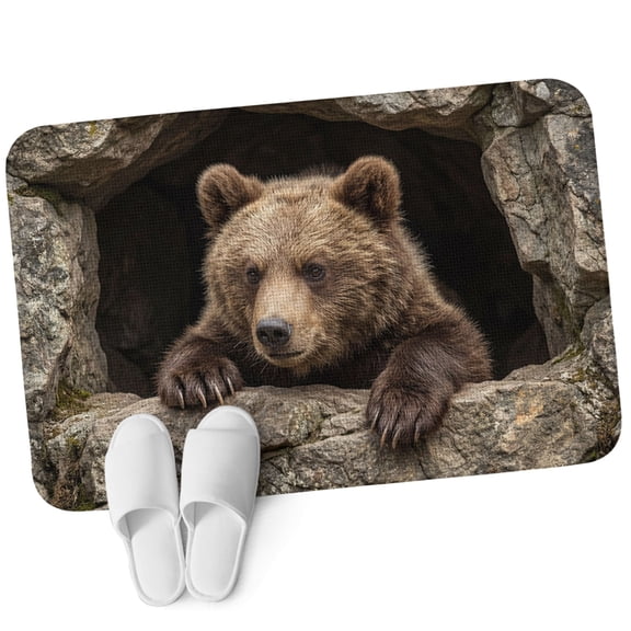 3.94'x5.25' Area Rug for Bedroom, Brown Bear Non Slip Soft Small Carpet for Living Room Dining Room, Washable Low Pile Rugs Kitchen Nursery Floor Mat 3D Optical Illusion Wild Animals on Stones