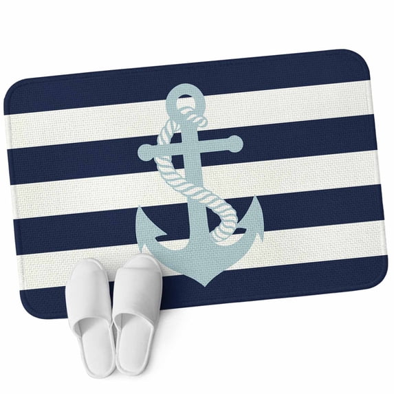 3.94'x5.25' Area Rug for Bedroom, Navy Blue Striped Non Slip Soft Small Carpet for Living Room Dining Room, Washable Low Pile Rugs Kitchen Nursery Floor Mat Blue Anchor Nautical Farmhouse